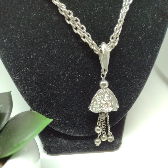 Bright Silvertone  26" Cable Chain  Necklace with Bell Like Dangle - Picture 4 of 8